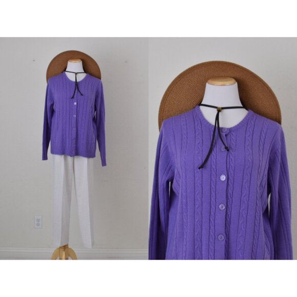 Vintage‎ 80s Acrylic Purple Cable Knit Cardigan - Picture 1 of 10